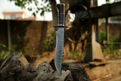HS-309 '' Damascus Steel Hunting Bowie Knife 15" Walnut Wood And Bone Handle