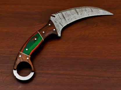 HS-888 HANDMADE DAMASCUS CUSTOM ROSE/PAKKA WOOD KARAMBIT HUNTING KNIFE