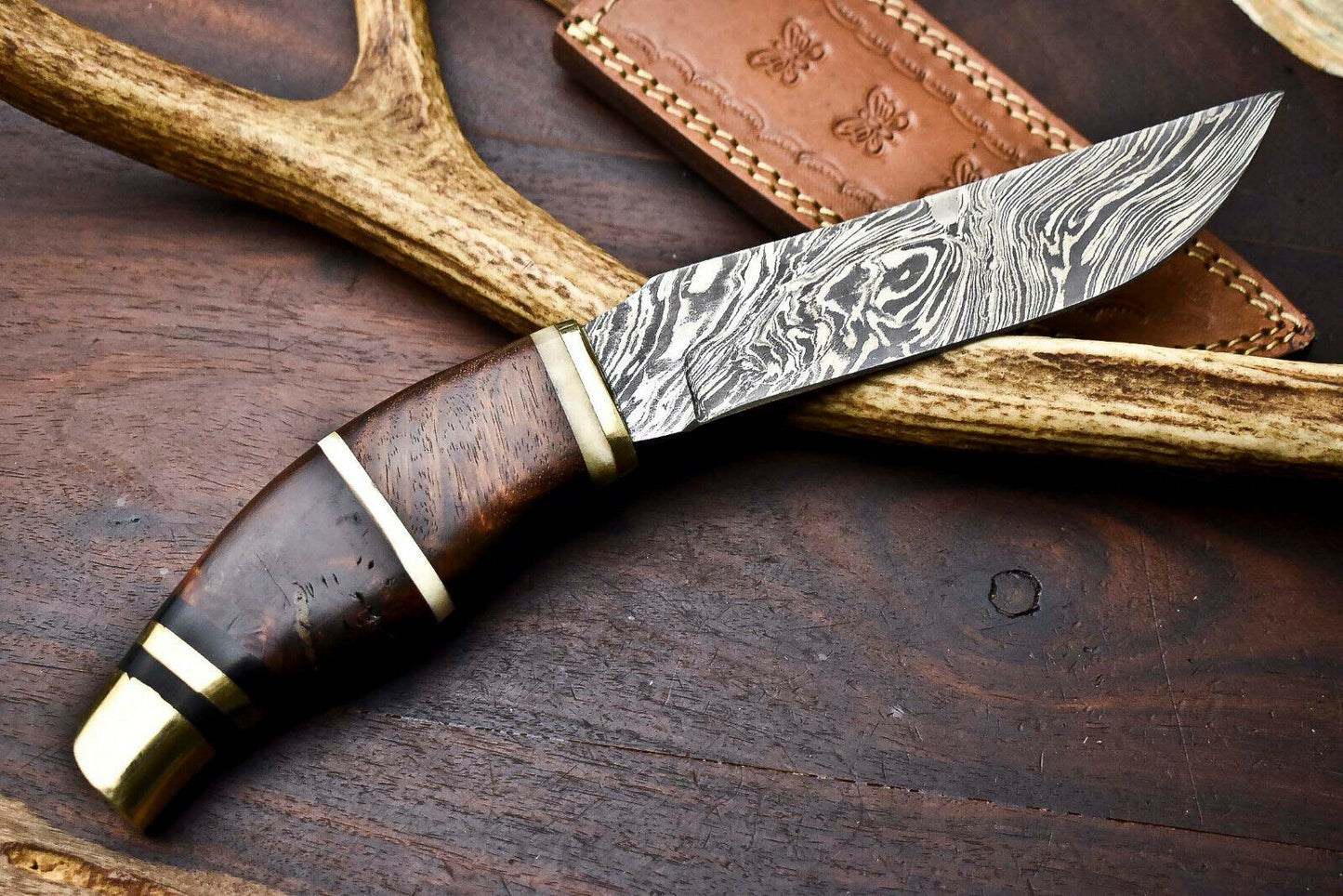 HS-328 | Custom Handmade Damascus Steel Hunitng/Bowie Knife - Wood + Brass Handle