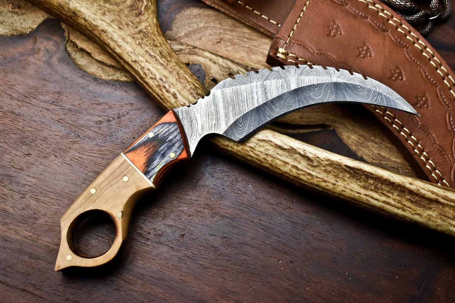 HS-907 Custom Handmade Damascus Steel Karambit Knife - Beautiful Micarta Wood Handle