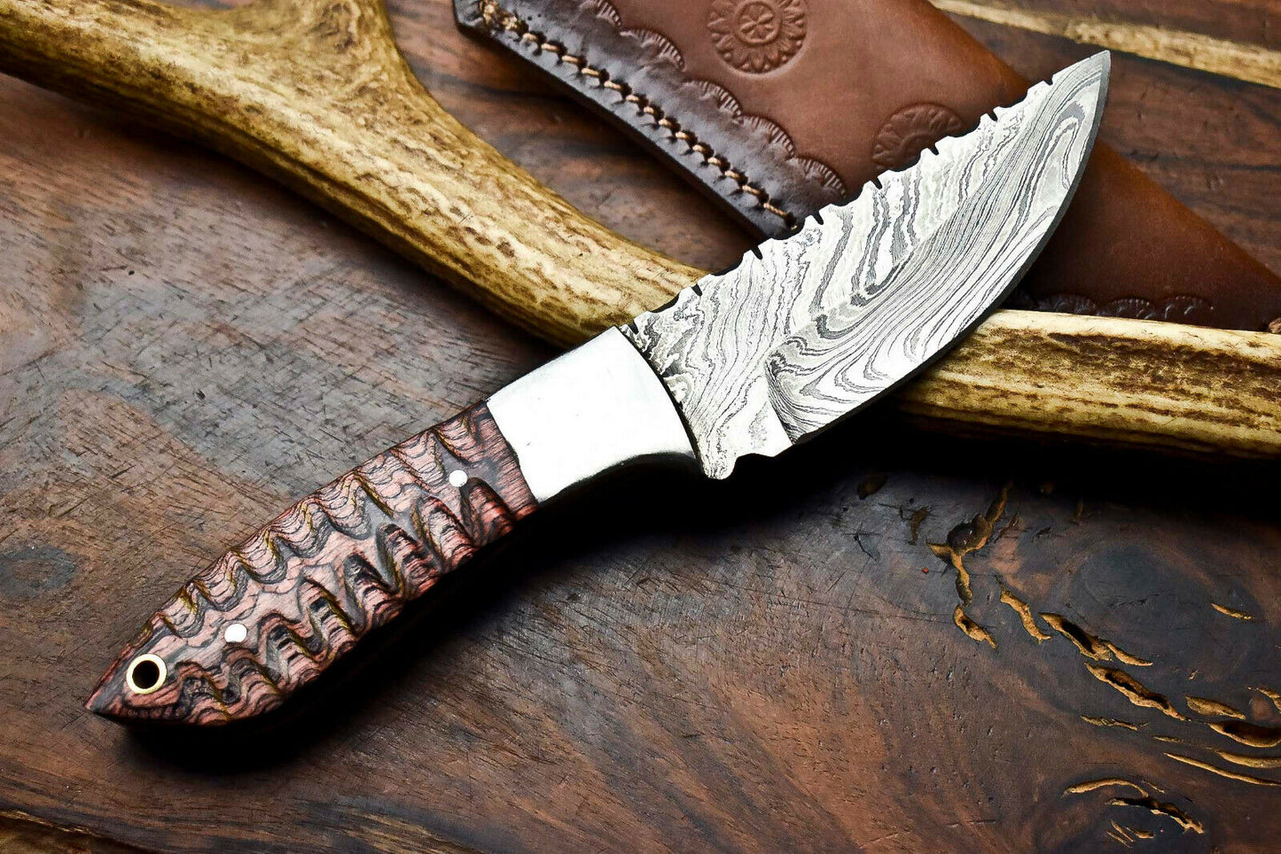 HS-629 Handmade Damascus Skinning Blade Camping Full Tang Knife