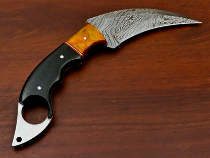 HS-884 HANDMADE DAMASCUS CUSTOM PAKKA WOOD KARAMBIT HUNTING KNIFE
