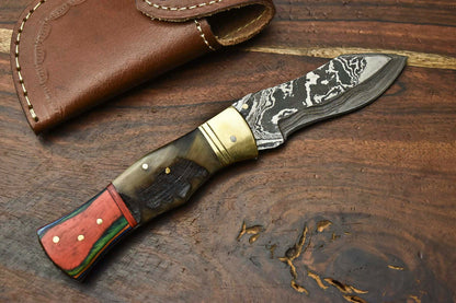 HS-1139 Custom Handmade Damascus Steel Blade Liner-Lock Pocket Folding Knife| Ram Horn