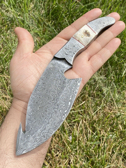 HS-435 | Custom Handmade Damascus Hunitng Knife With Ram Horn Handle