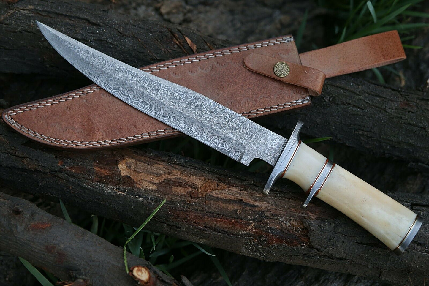 HS-311  Personalized Damascus Hunting Bowie Knife, Damascus Steel Blade, Camel Bone Hand