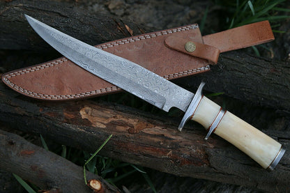 HS-311  Personalized Damascus Hunting Bowie Knife, Damascus Steel Blade, Camel Bone Hand