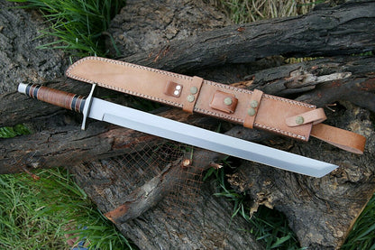 HS-1092 | Steel Blade Tanto Sword, Handmade Heavy Duty Sword, Stacked Leather Handle