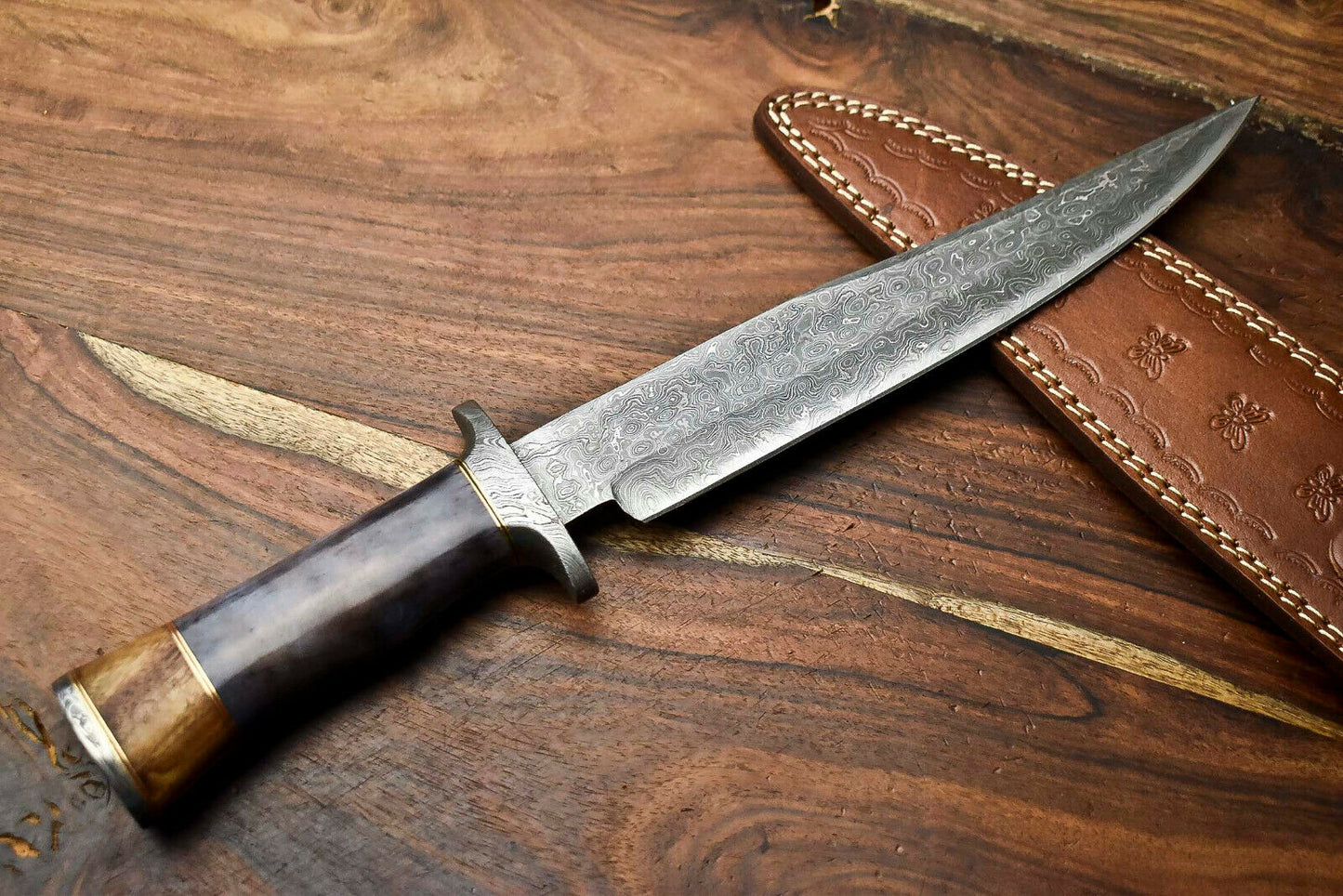 HS-314 Custom Hand Made Damascus Steel Blade Bowie Hunting Knife | CAMEL BONE