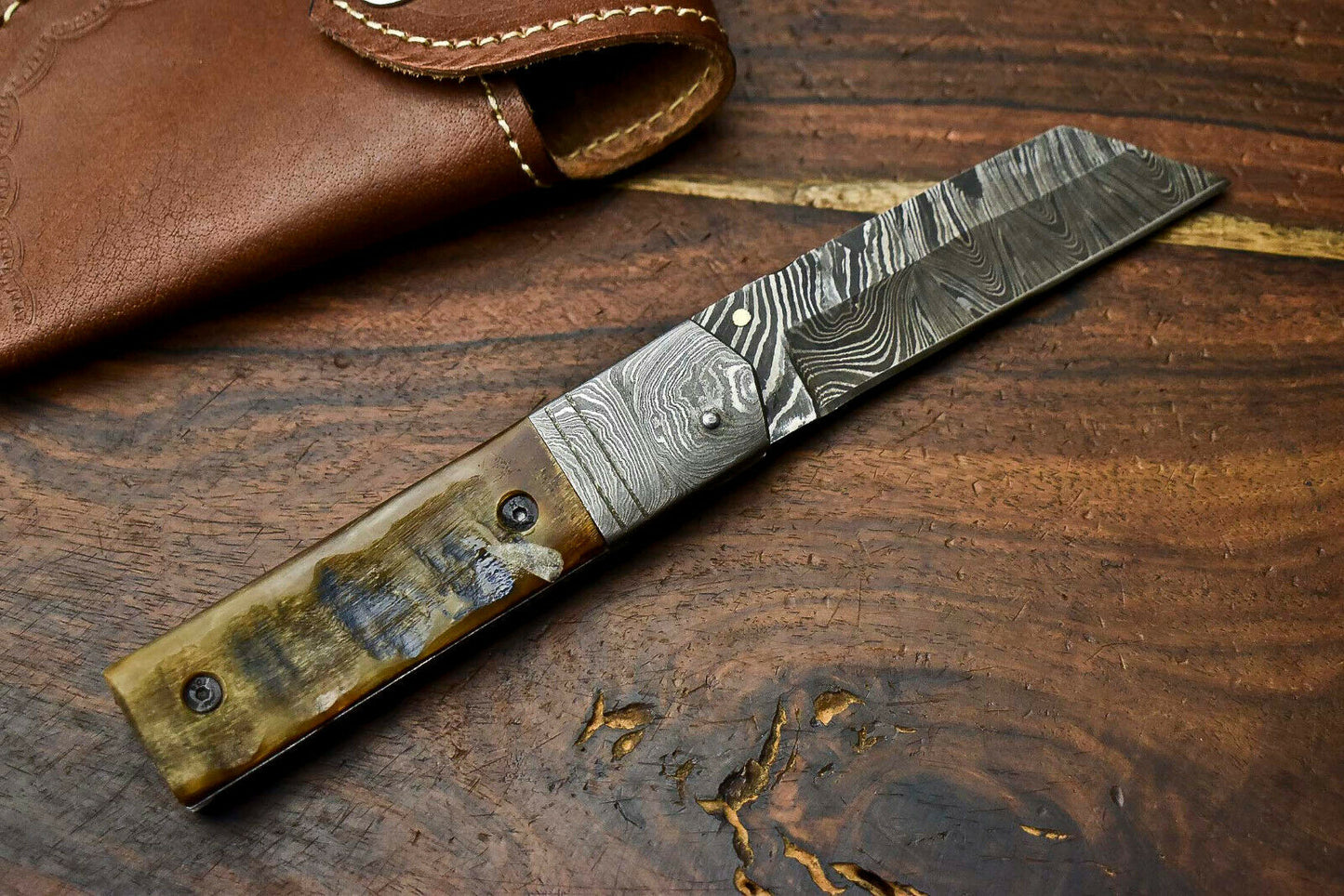 HS-1137 Custom Handmade Damascus Steel Blade Liner-Lock Pocket Folding Knife| RAM'S HORN