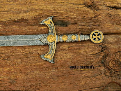 HS-1093 | Fully Handmade Damascus Steel Viking Medieval Sword, Customized leather Cover Gift for husband