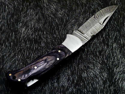 HS-1119  CUSTOM HANDMADE DAMASCUS BLADE POCKET FOLDING KNIFE - HARD WOOD HANDLE