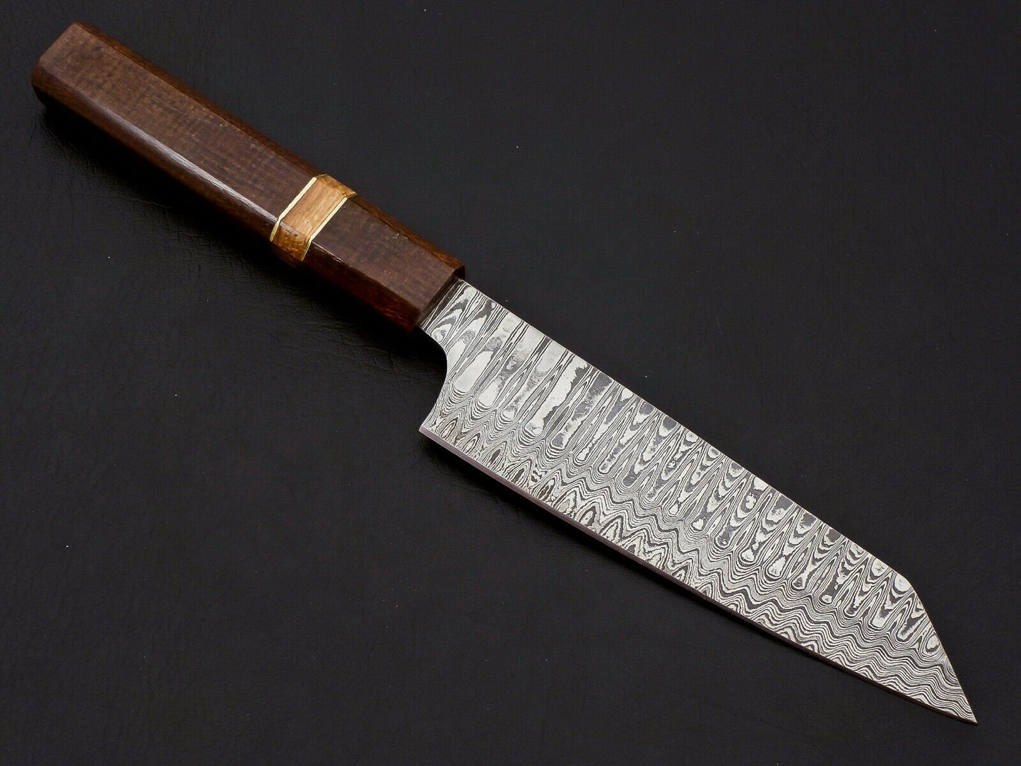 Wooden handle Damascus kitchen knife side view