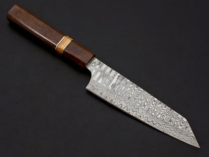 Wooden handle Damascus kitchen knife side view