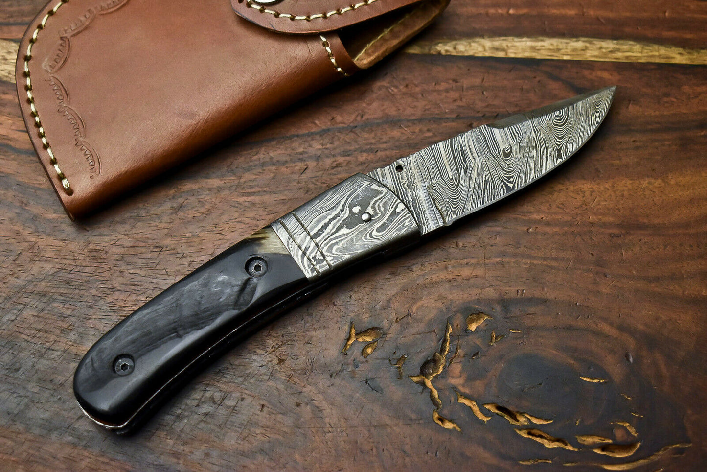 Custom Handmade Damascus Steel Blade Liner-Lock Pocket Folding Knife| Ram Horn