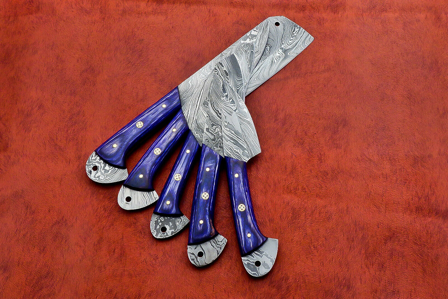 HS-144 Custom Handmade Damascus Steel 5 Piece Chef Set with Blue Wood Handle