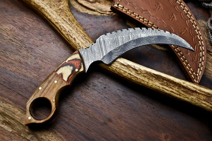 HS-906 Custom Handmade Damascus Steel Karambit Knife - Beautiful Hard Wood Handle