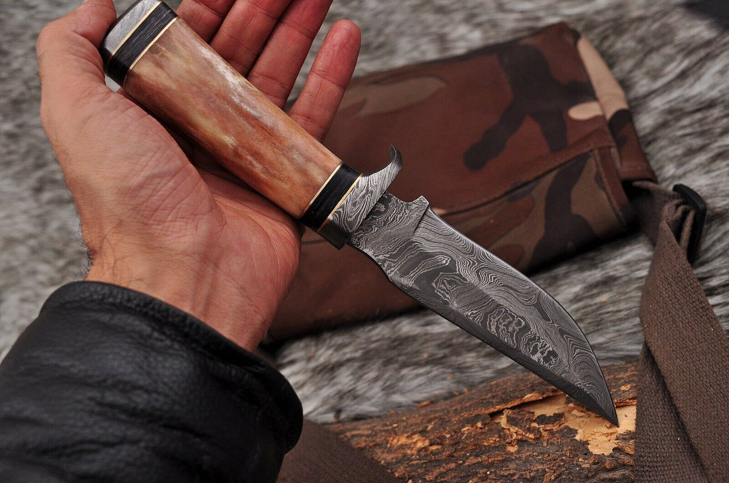 HS-493 Custom Handmade Damascus Hunting Knife With Beautiful Camel Bone Handle