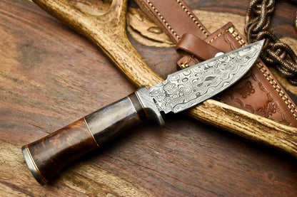 HS-404 | Custom Handmade Awesome Camel Bone/Walunt Wood Handle Damascus Steel Hunting Knife - Great Price