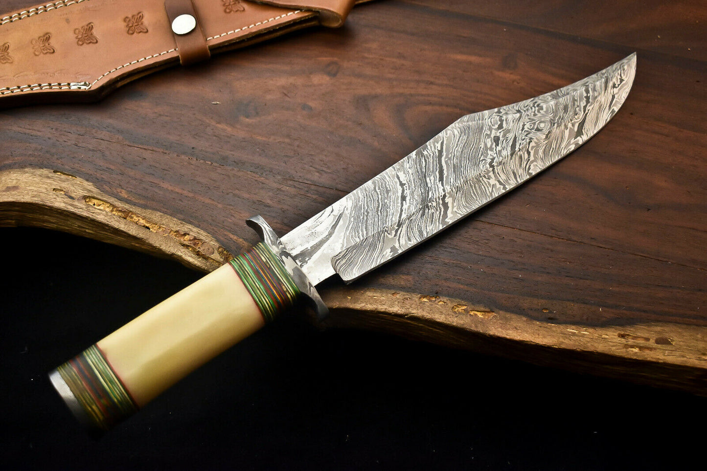 HS-335 | Custom Handmade Damascus Steel Hunting Bowie Knife - Camel Bone Handle