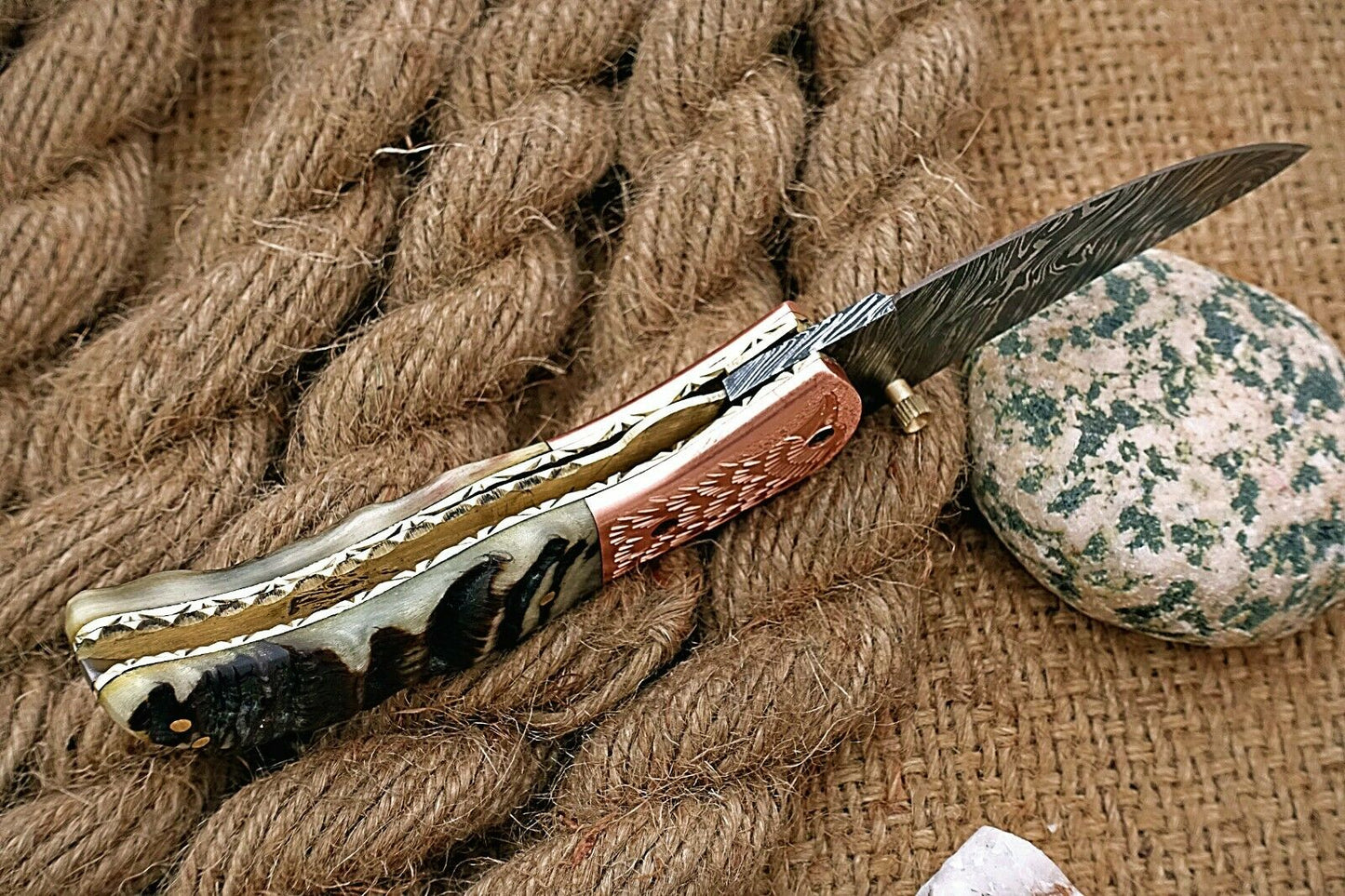 Custom Handmade Damascus Folding-Pocket Knife With Blue Ram Horn+Engraved Handle