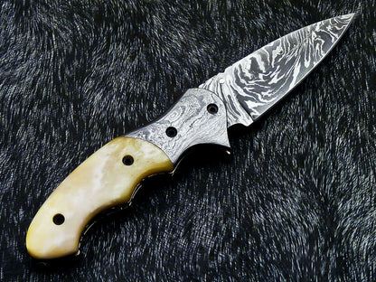 Damascus Liner Lock Folding Knife – Camel Bone | Twist Blade | HS-1124