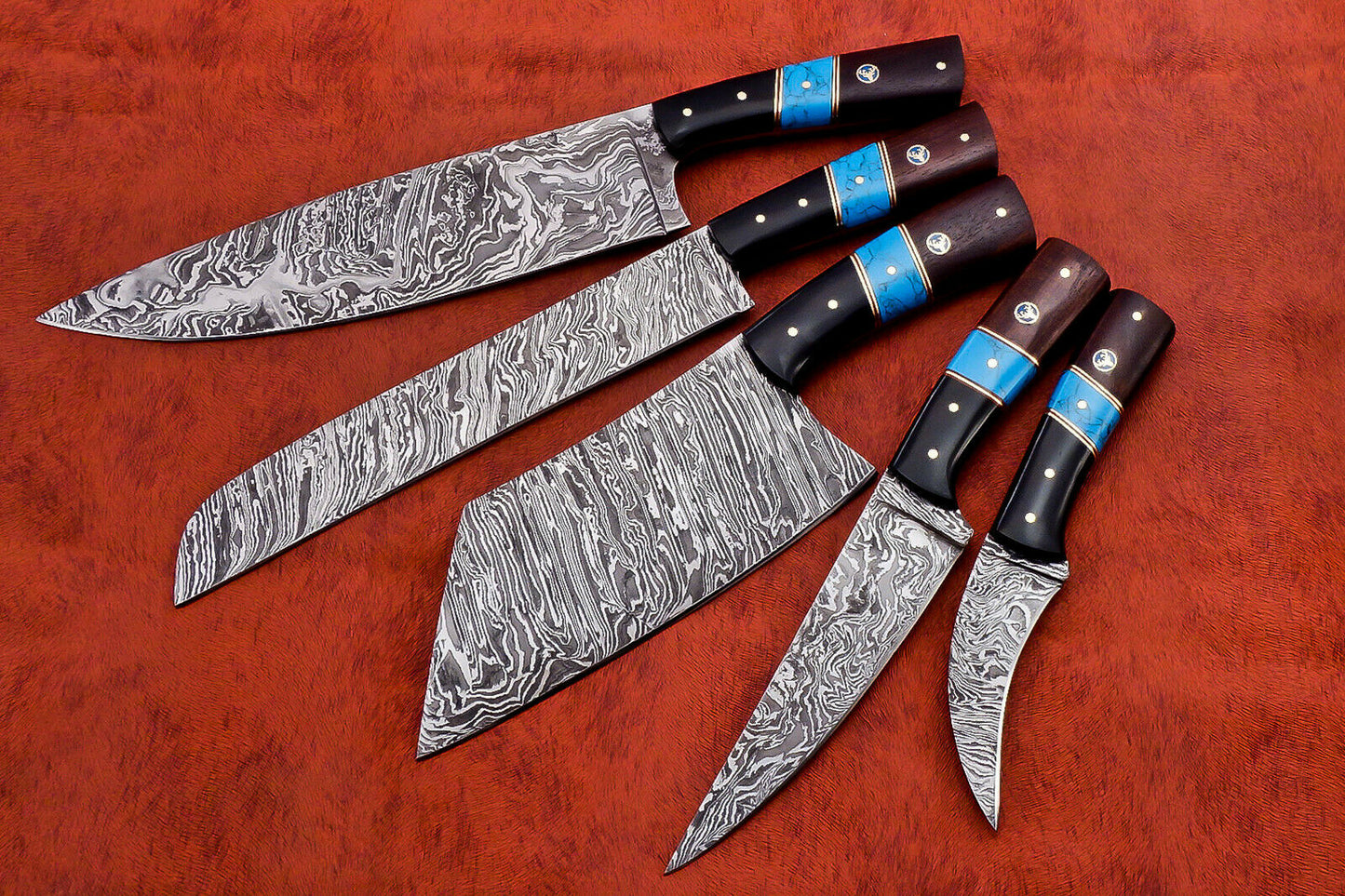 HS-142 Custom Handmade Damascus Steel 5 Pc's Chef Set with Turquoise,Resin,Wood Handle