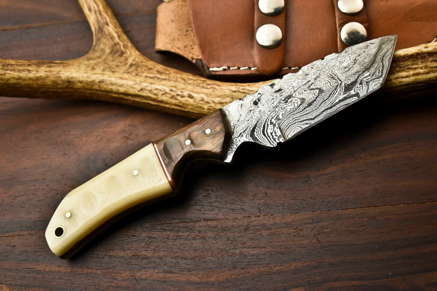 HS-414 | Custom Handmade Damascus Steel Hunting Knife - Wood & Camel Bone Handle
