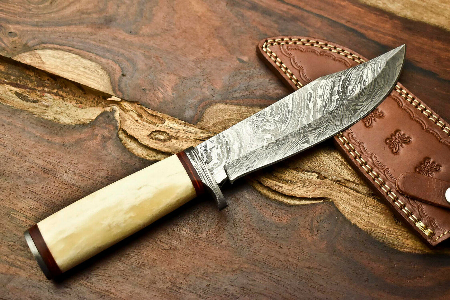 HS-320 Custom Hand Made Damascus Steel Blade Bowie Hunting Knife | CAMEL BONE