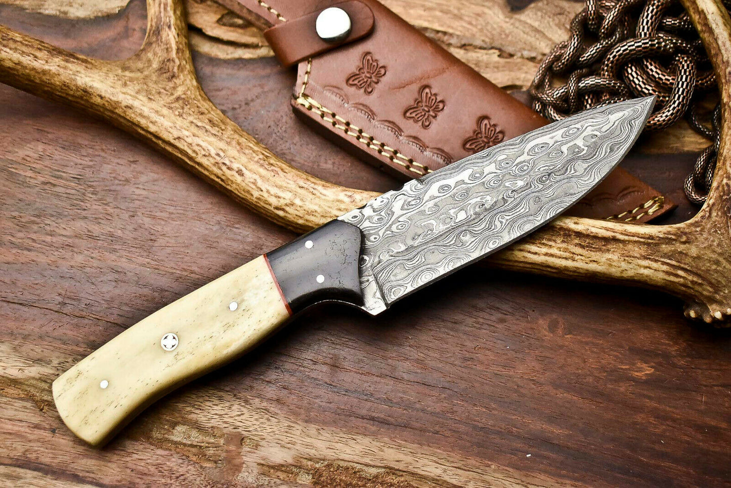 HS-405 | Custom Handmade Awesome Camel Bone/Buffalo Horn Handle Damascus Steel Hunting Knife - Great Price