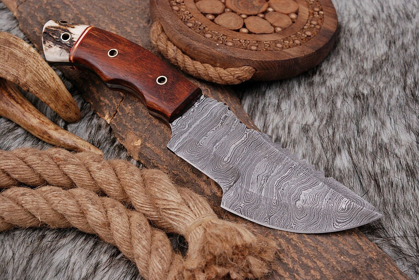 HS-942 Custom Handmade Damascus Hunting Tracker Knife With Stag+Wood Handle