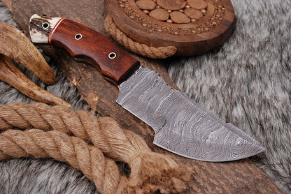 HS-942 Custom Handmade Damascus Hunting Tracker Knife With Stag+Wood Handle