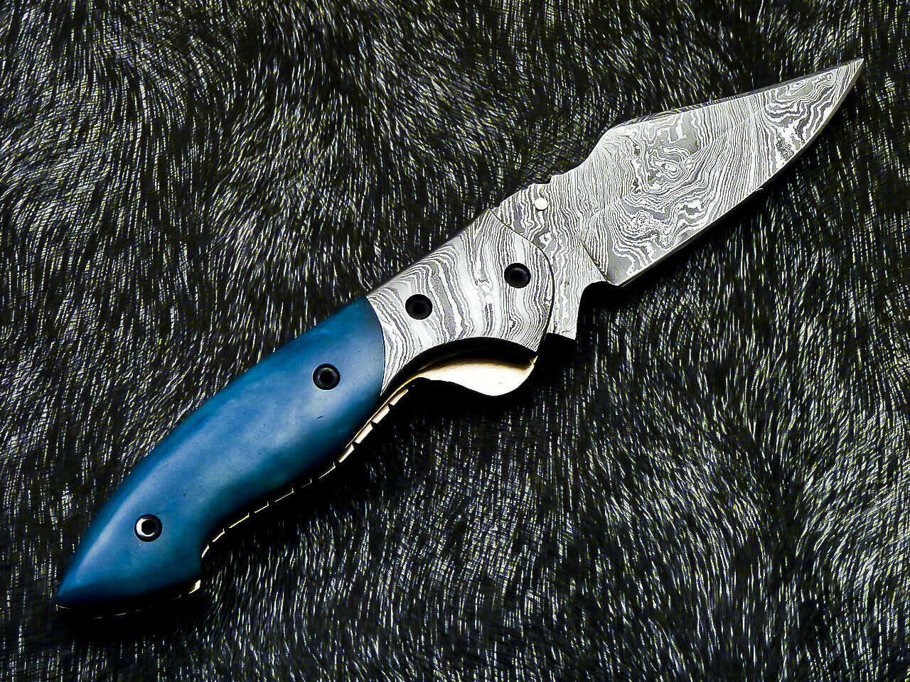 Damascus Liner Lock Pocket Knife – Camel Bone & Damascus Bolster | HS-1122