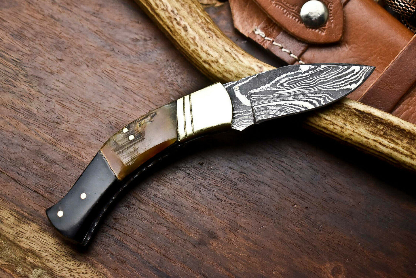 Custom Handmade Damascus Steel Pocket Folding Knife - Beautiful Ram & Buffalo Horn Handle