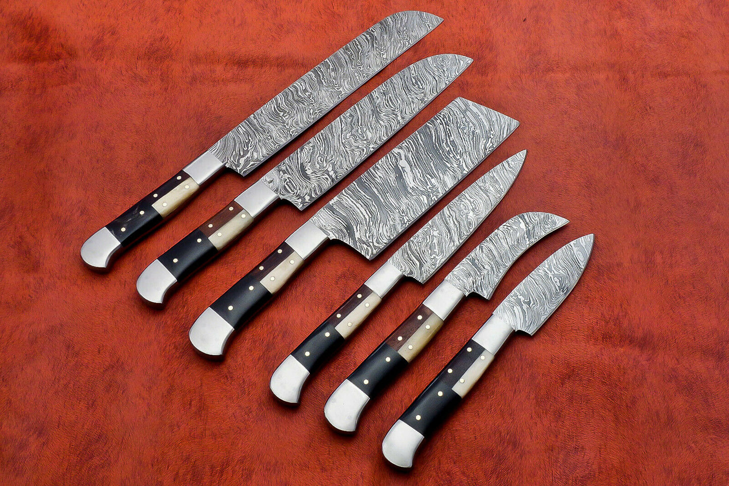 HS-143 Custom Handmade Damascus Steel 6 Piece Chef Set with Wood/Bone/Horn Handle