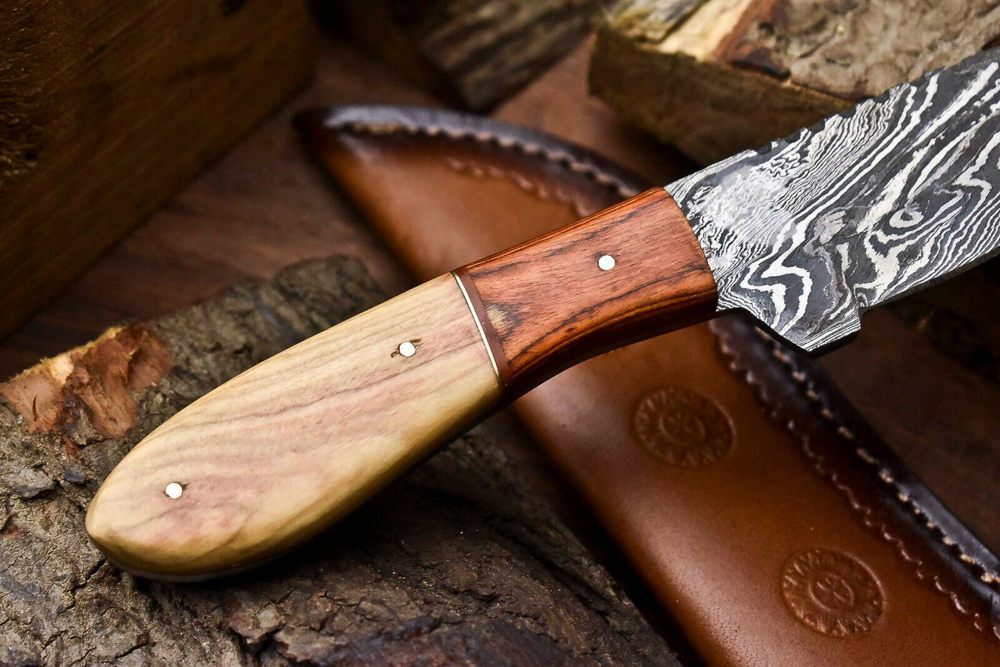 HS-708 Custom Handmade Damascus Steel Skinner Knife - Beautiful Wood Handle