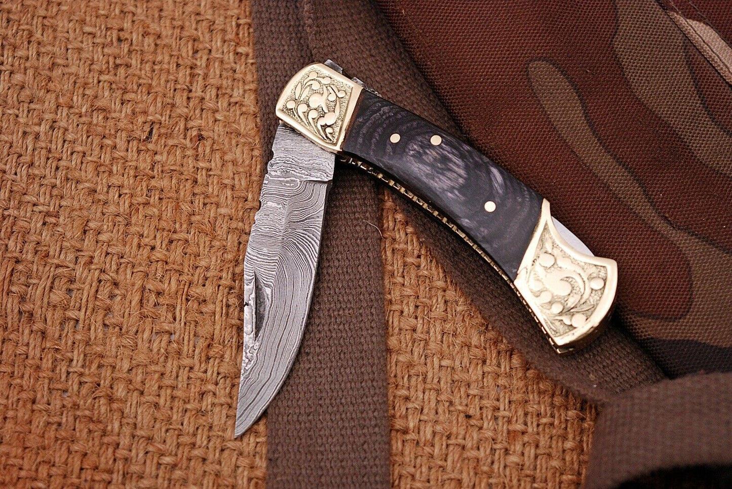 Custom Handmade Damascus Steel Pocket Folding Knife - Engraved Hard Wood Handle