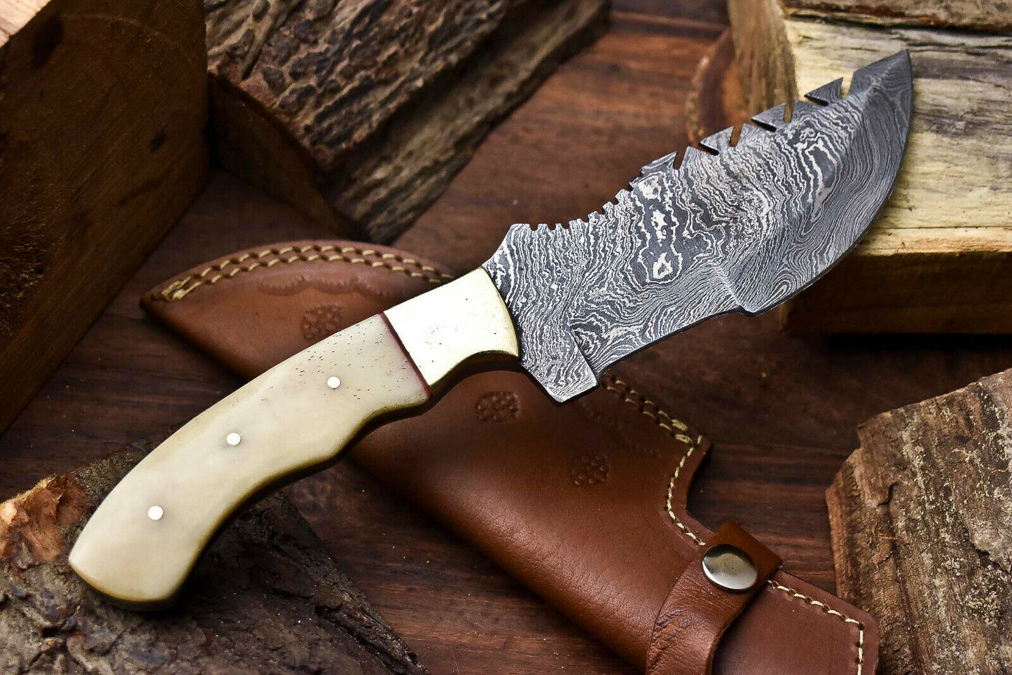 HS-924 Custom Handmade Damascus Steel Camping Tracker Knife - Beautiful Camel Bone Handle