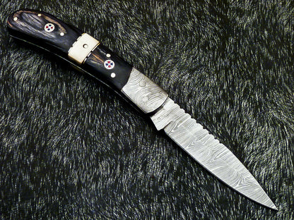 HS-1120 '' CUSTOM HANDMADE DAMASCUS BLADE POCKET FOLDING KNIFE - HARD WOOD HANDLE