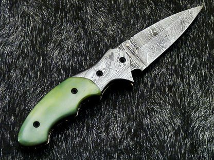 Damascus Liner Lock Folding Knife – Camel Bone Handle | HS-1121