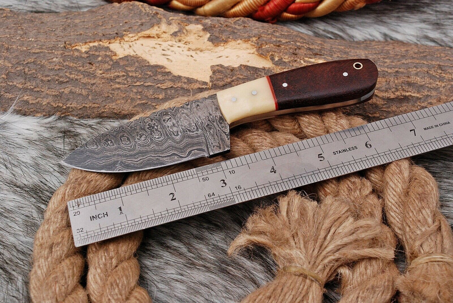 HS-736 Custom Handmade Damacsus Steel Skinner knife - Wood & Bone Handle