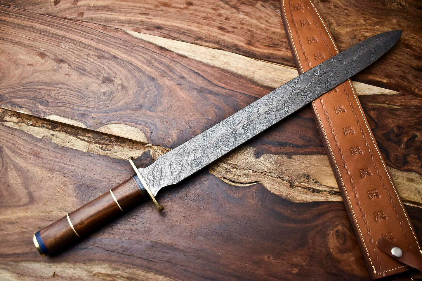 HS-1094 | 26.0" HUGE!!! Custom Hand Made Damascus Steel Blade Sword | WALNUT WOOD
