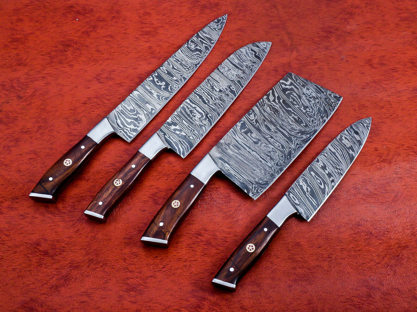 HS-141 Custom Handmade Damascus Steel Full Tang 4 Piece Chef Set with Wood Handle
