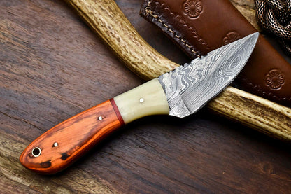 HS-684 Custom Handmade Damascus Steel Skinner Knife - Beautiful Bone Wood Handle