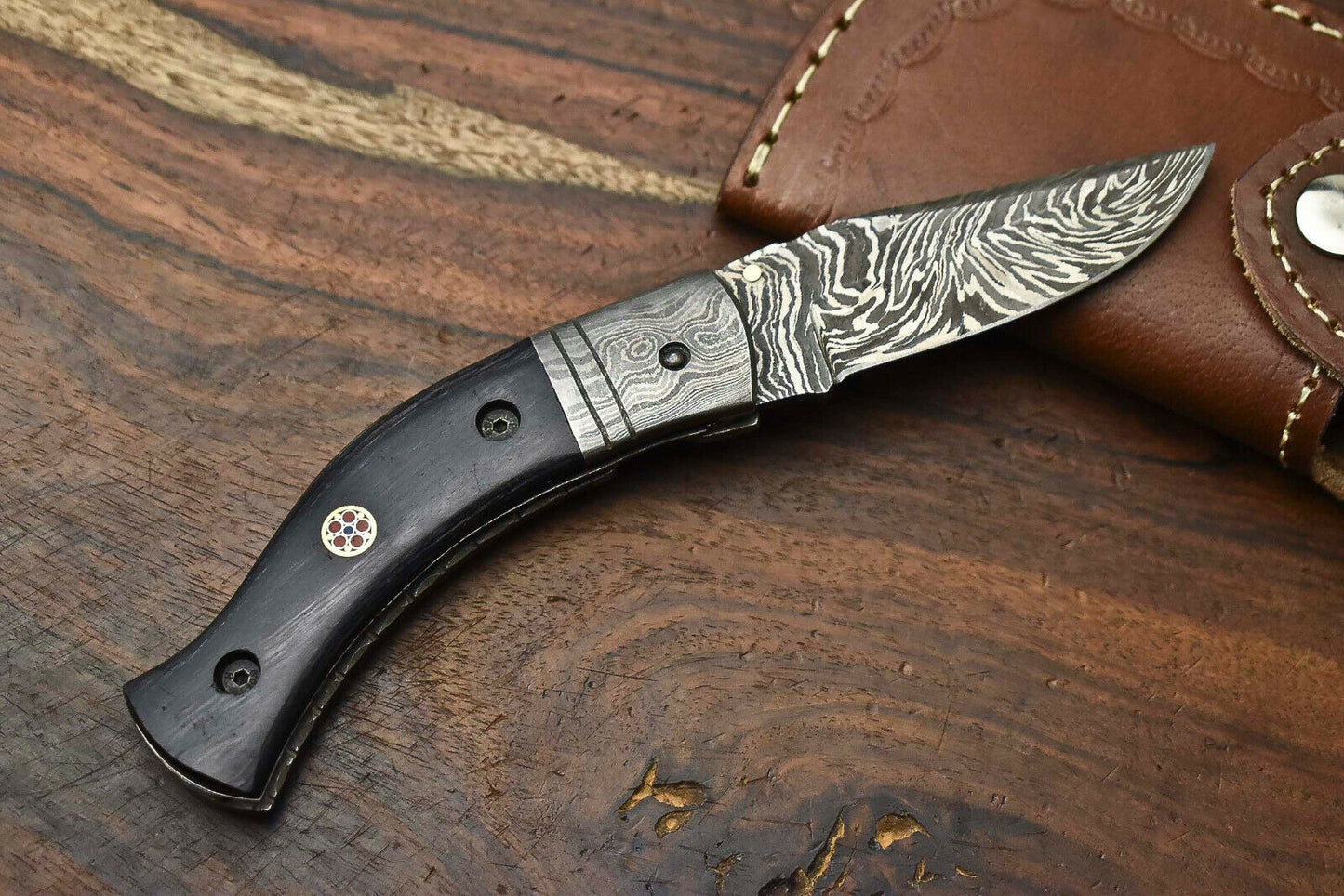 HS-1134 Custom Handmade Damascus Steel Blade Liner-Lock Pocket Folding Knife| HARD WOOD