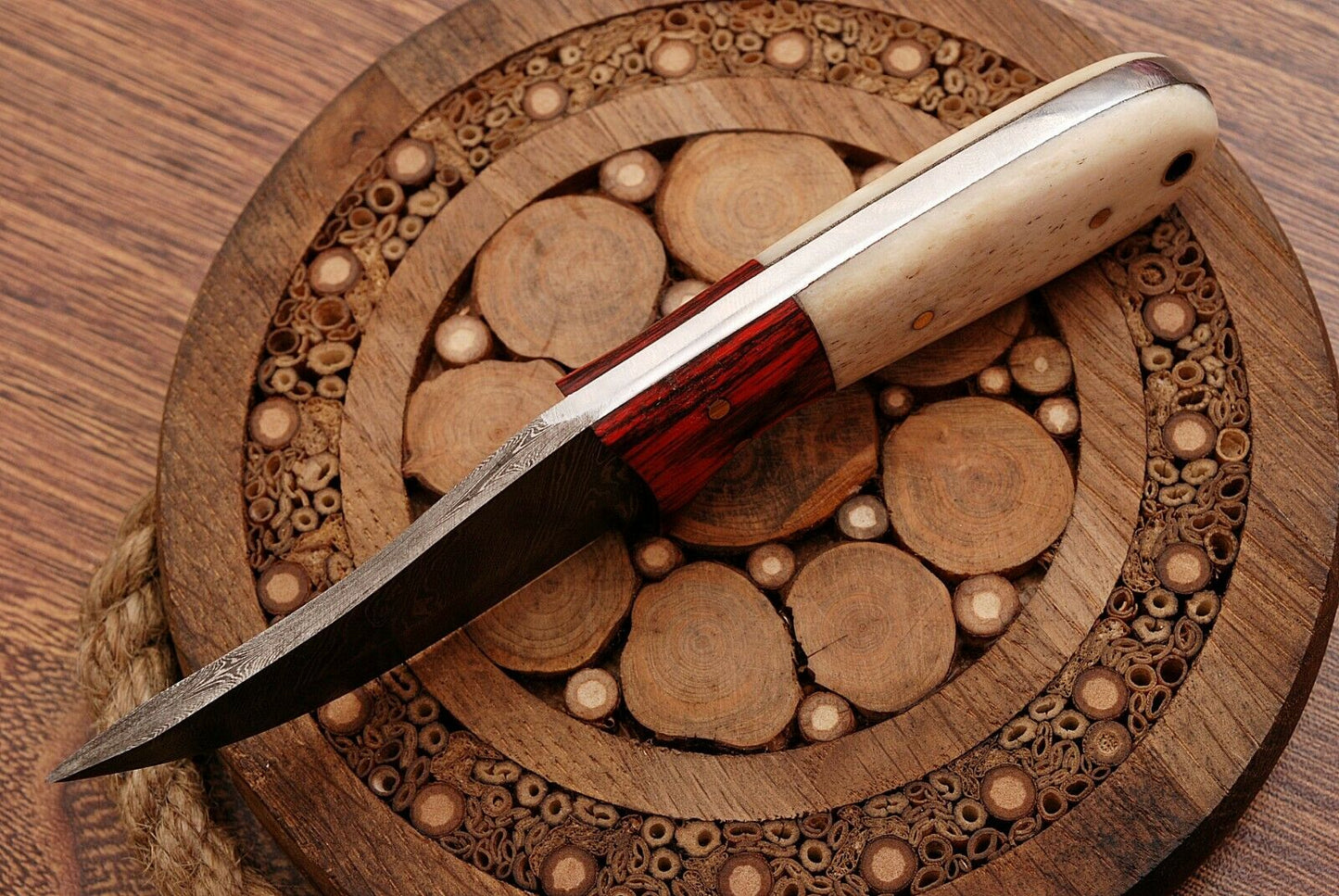 HS-758 Custom Handmade Damascus Steel Skinner Knife 6.0 inch Overall And Camel Bone+Hard Wood Handle