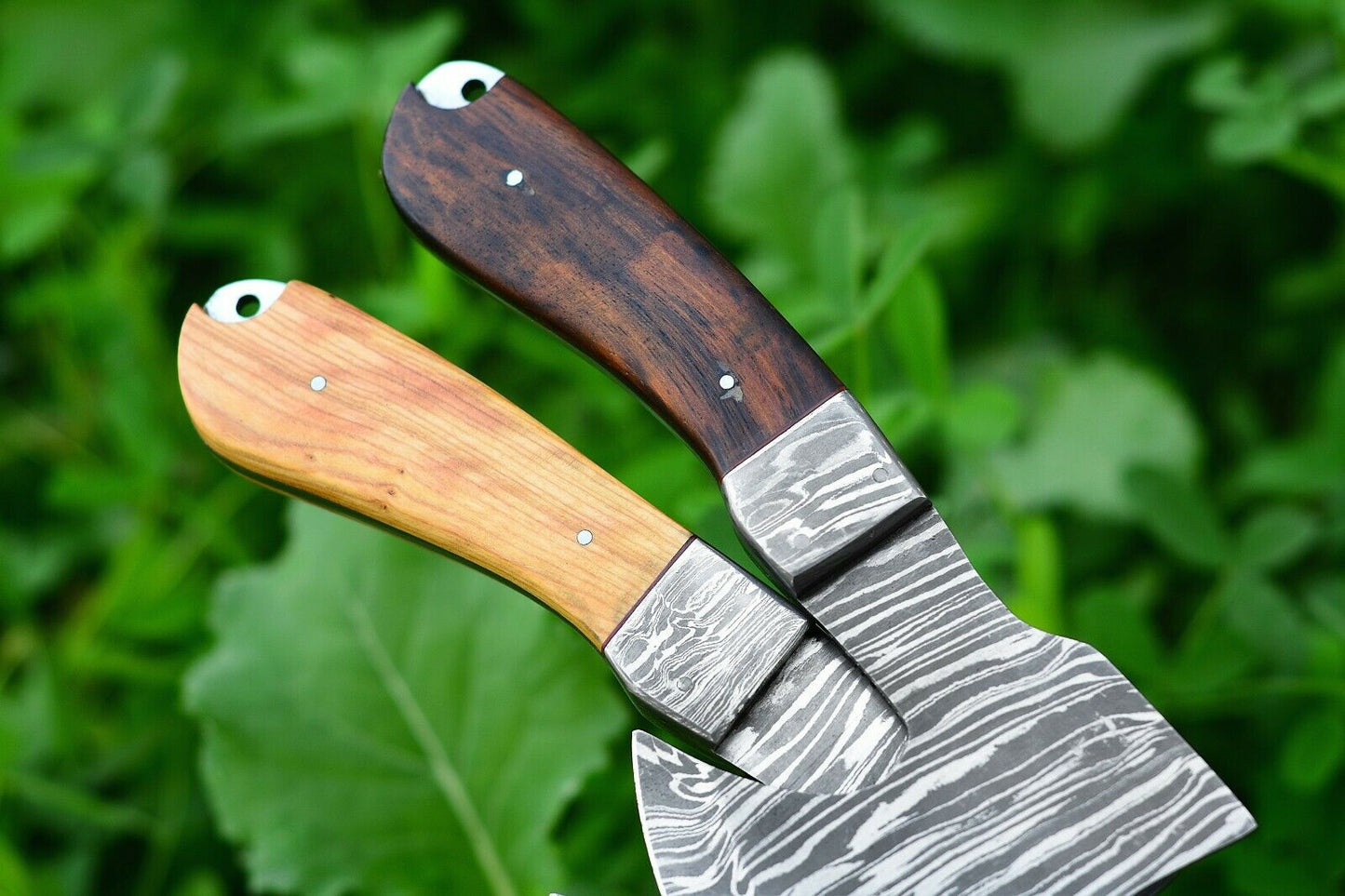 HS-1048 A Pair Of Custom Handmade Damascus Steel Viking Axe wood handle & Leather sheath