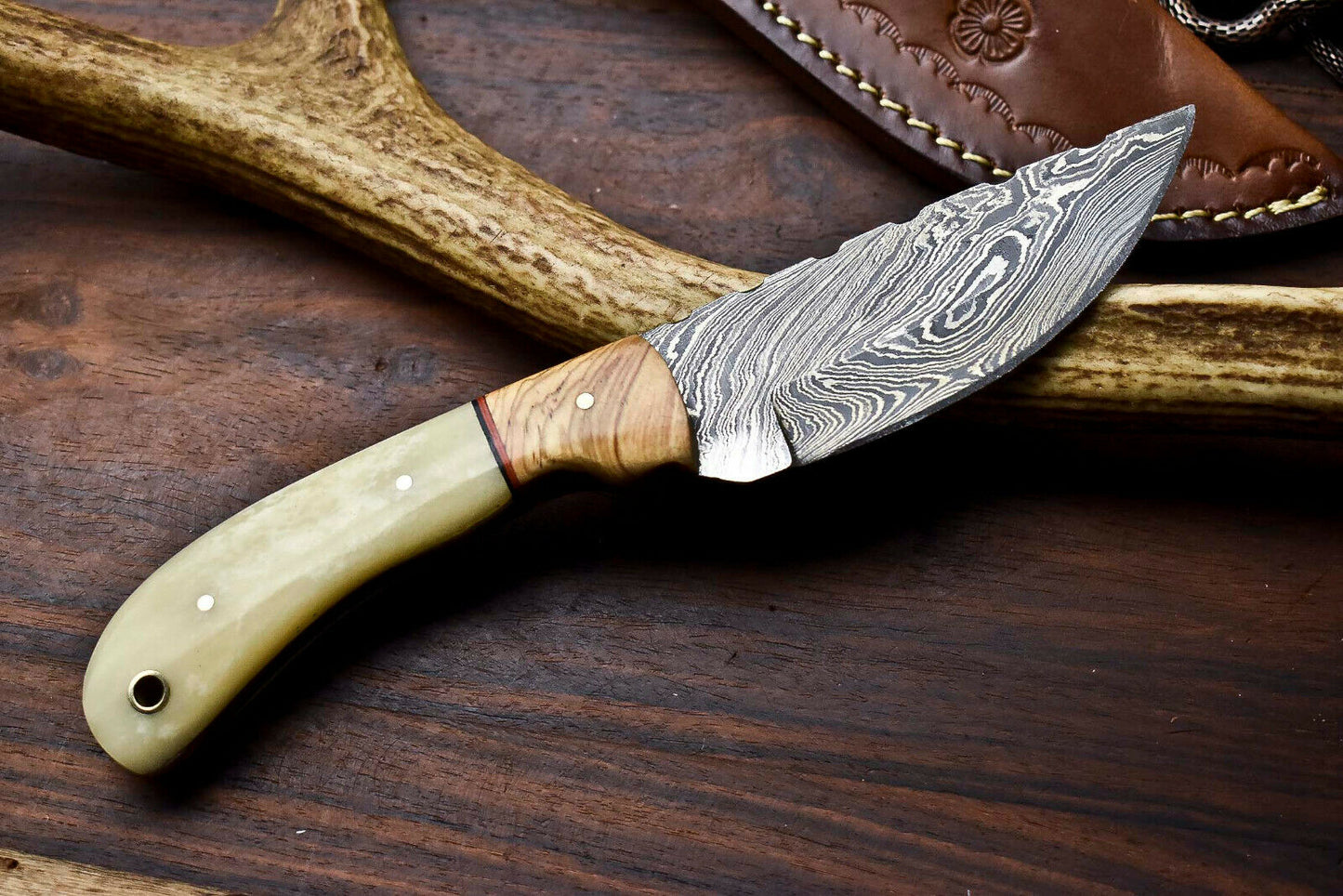 HS-720  Custom Handmade Camel Bone & Wood Handle Damascus Steel Skinner Knife - Great Price