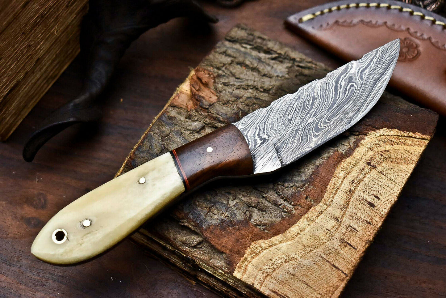 HS-718 Custom Handmade Camel Bone & Wood Hanlde Damascus Steel Skinner Knife - Great Price