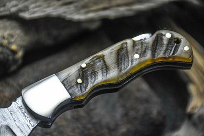 HS-1116 "  CUSTOM HANDMADE DAMASCUS STEEL BLADE FOLDING KNIFE RAM HORN