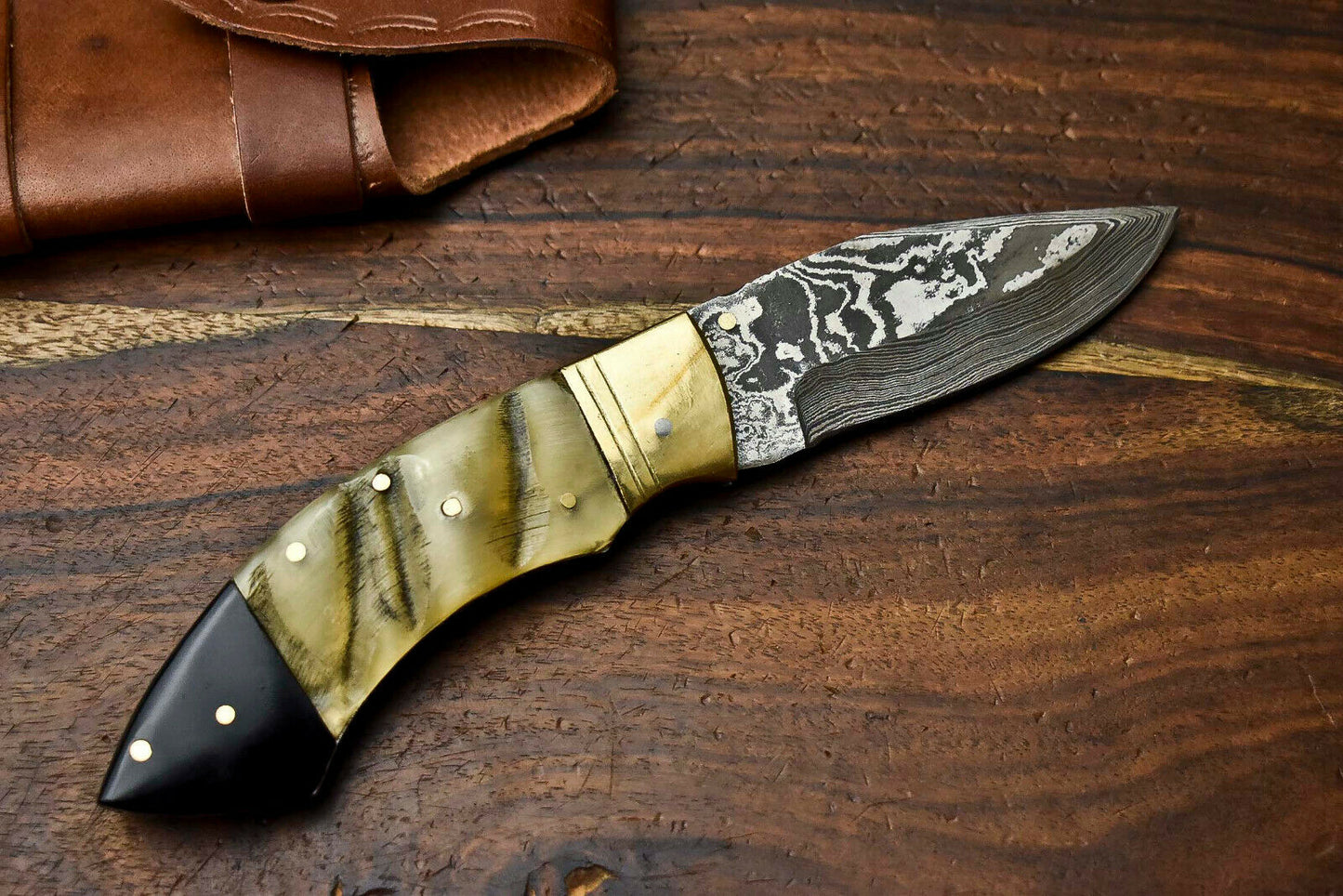 HS-1138 Custom Handmade Damascus Steel Blade Liner-Lock Pocket Folding Knife| RAM'S HORN